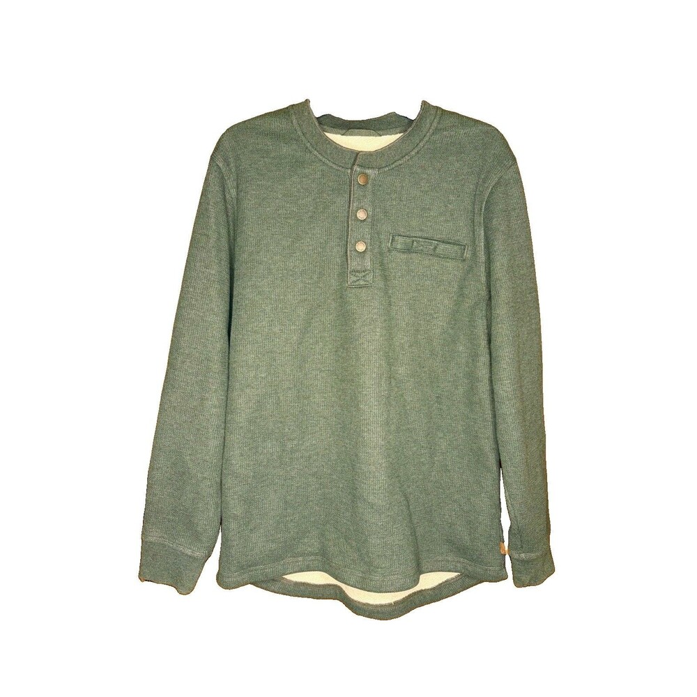 LL Bean Mens Henley Waffle Knit Sherpa Lined Pullover Green M 298100